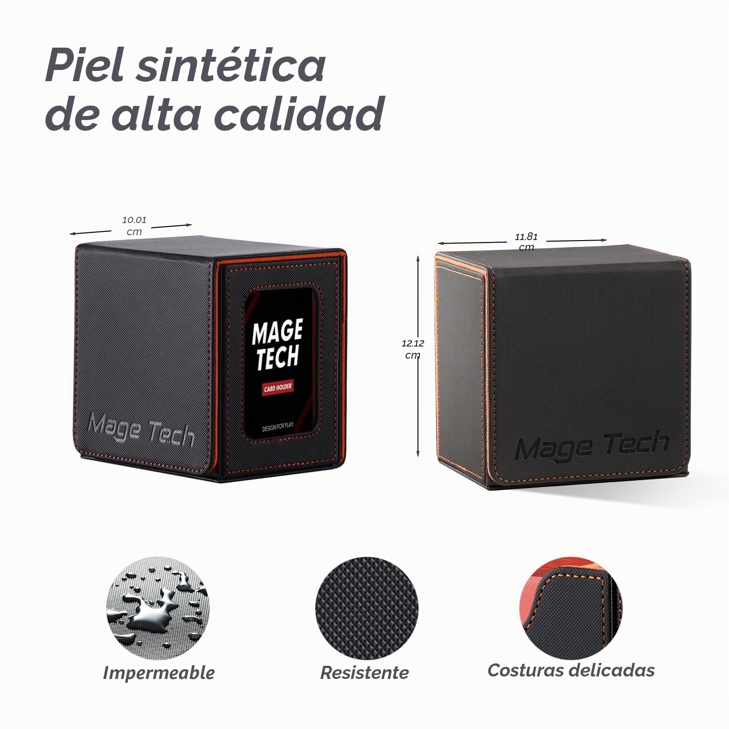 Mage Tech Caja de Mazos Commander para MTG - Diseño Patentado, Exhibición de Commander, Apta para 100 Cartas con Doble Funda, Soporte Magnético de Cartas de 35pt & Bandeja para Dados - Oscuro/Naranja