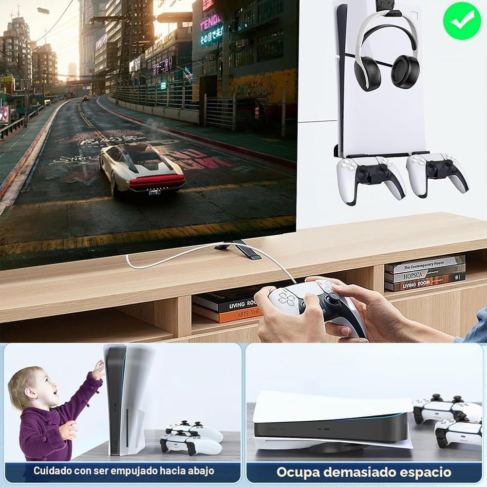 Soporte de Pared para PS5/PS5 Slim (Disco y Digital) Con 2 Soportes de Controlador, Acero Compatible Con Consola PS5