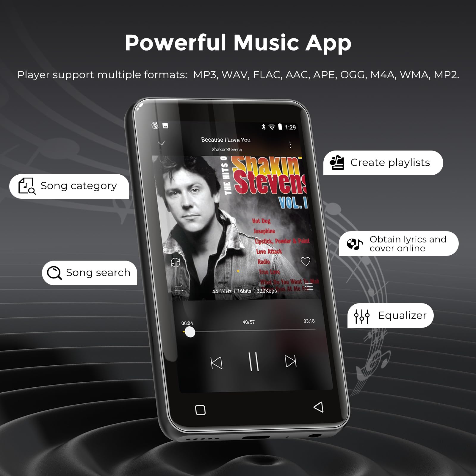 Innioasis 80 GB Reproductor MP3 con Bluetooth y WiFi, Reproductor de música Mp3 y Mp4 ave Spotify, Kids, Tidal, Deezer, Reproductor de vídeo con pantalla táctil de 4 pulgadas, 1080 P(negro)