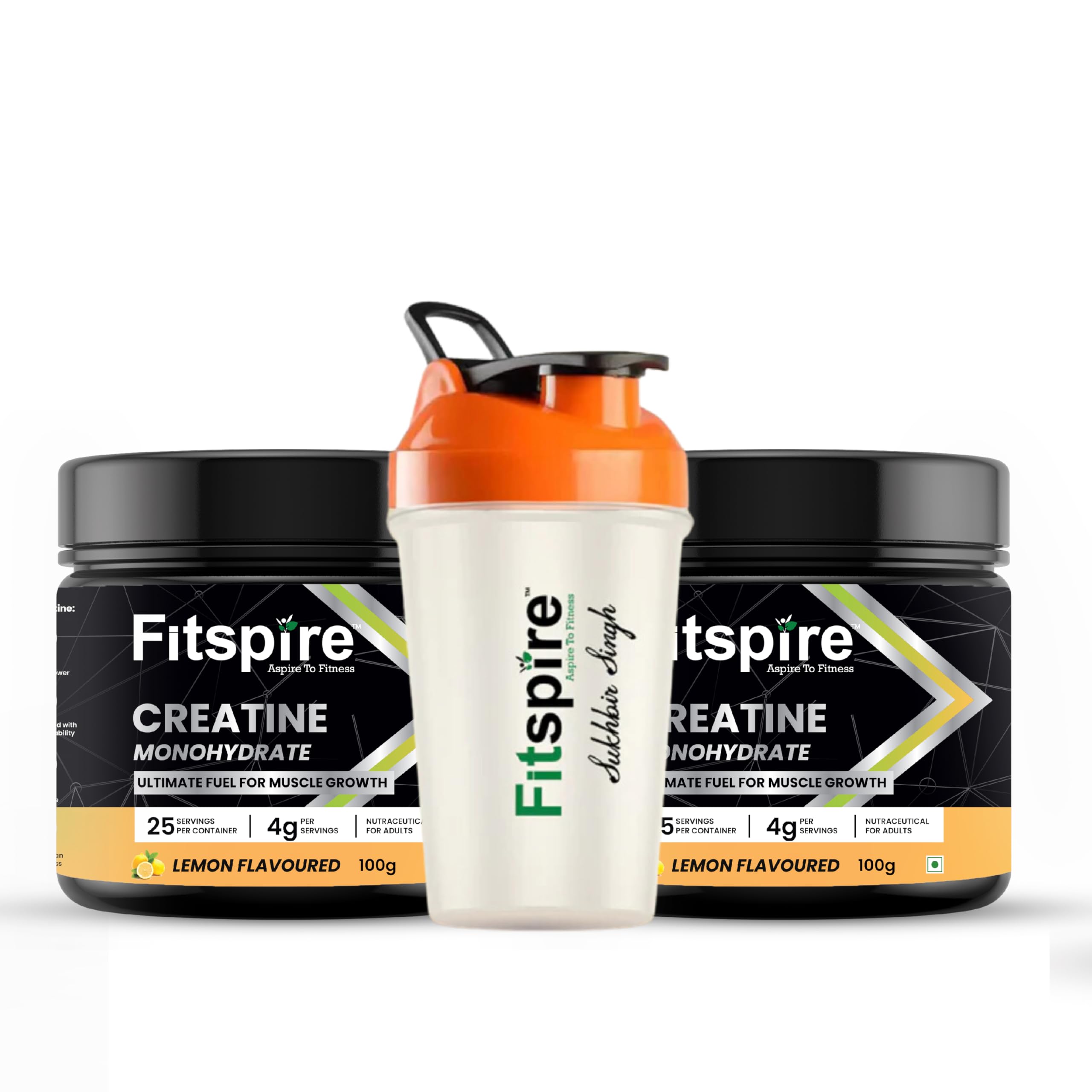 Fitspire Creatine Monohydrate Powder Pack of 2 with Shaker | 25 Servings Per Container | Ultimate Fuel for Muscle Growth | Lemon Flavour- 100g Each.