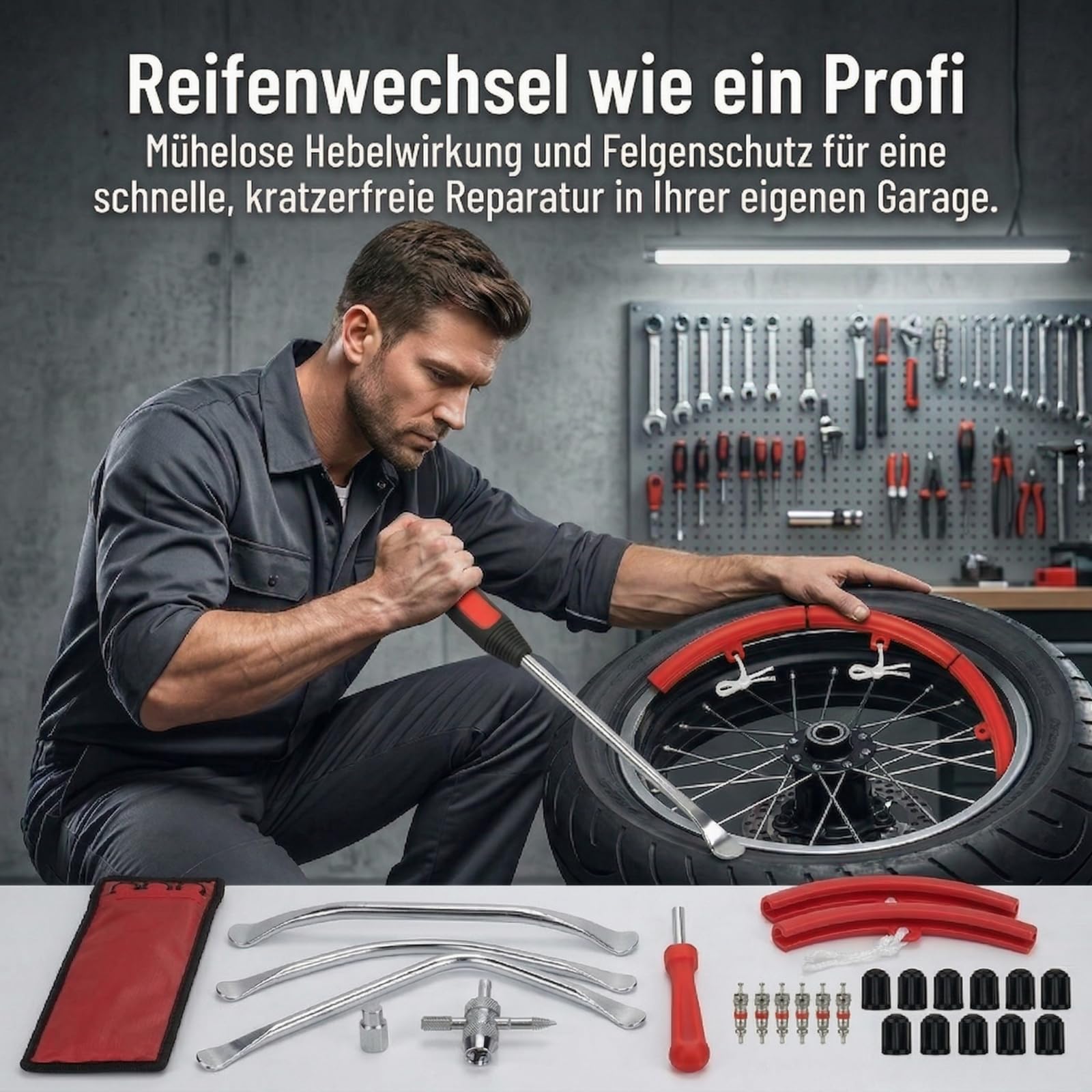 Set Combinato da 30 Pezzi di Leve Smontagomme Strumenti per il Montaggio di Pneumatici per Moto, Biciclette e Scooter Leve Smontagomme (a Cucchiaio) con Leve Portatili e 9 Protezioni per Cerchi
