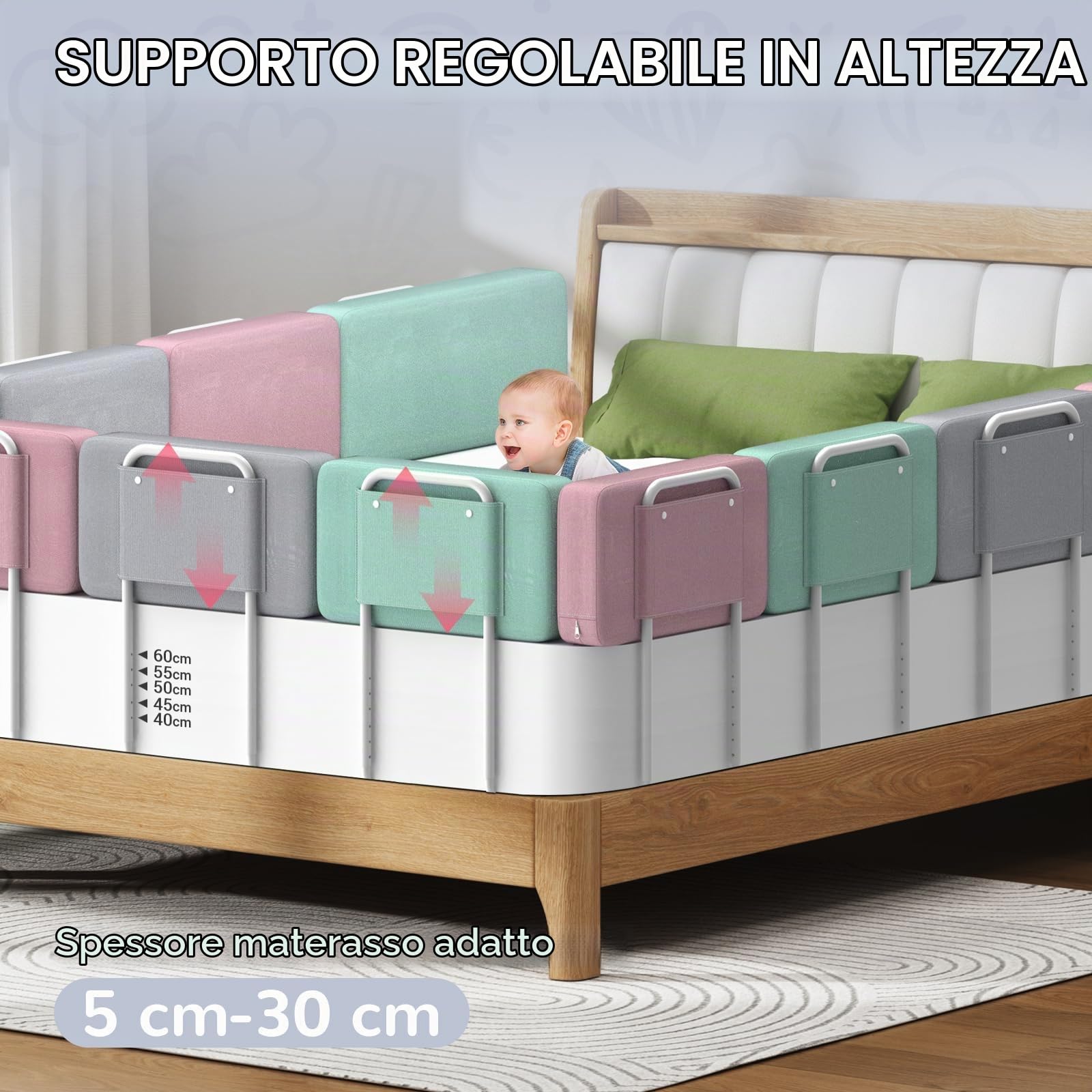 Sponde per letto bambini – Barriera letto sicurezza per bambini, protezione per letto matrimoniale e lettino, altezza regolabile 40-60 cm, rimovibile, portatile, grigio, 60cm