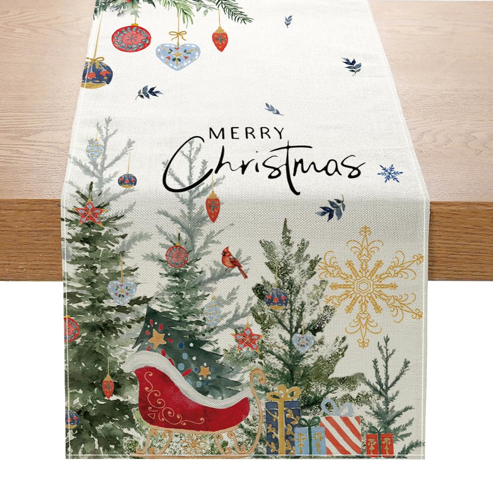 Doofe White Christmas Table Runner Trees Snowflakes, 230 X 33 Cm Linen Christmas Table Runners With Christmas Tree Snowflakes Pattern, Christmas Dining Table Runner For Winter Holiday Christmas Decorations