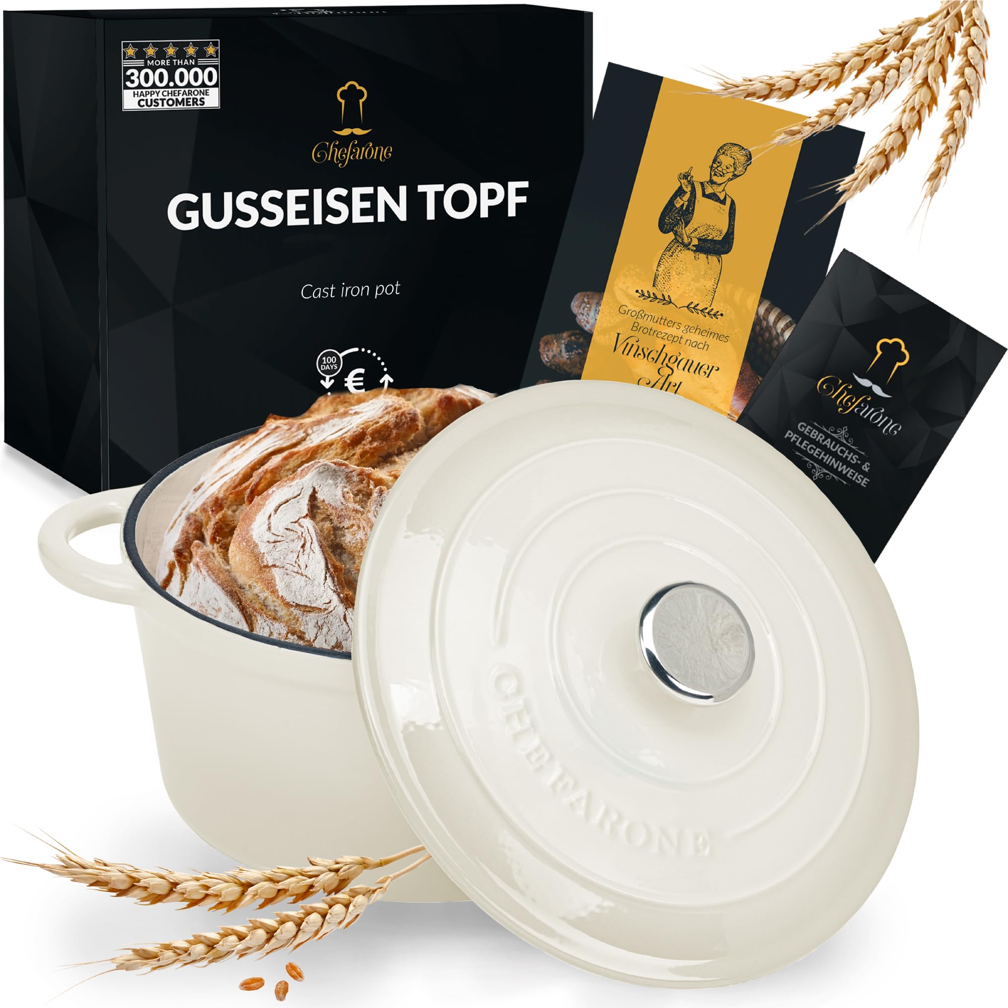 Gusseisen Topf Brot Backen 24 Cm, 3,5 L Schmortopf, Emailliert Zum Schmoren, und Braten, Brotbacktopf mit Deckel Induktion Bräter (Creme)
