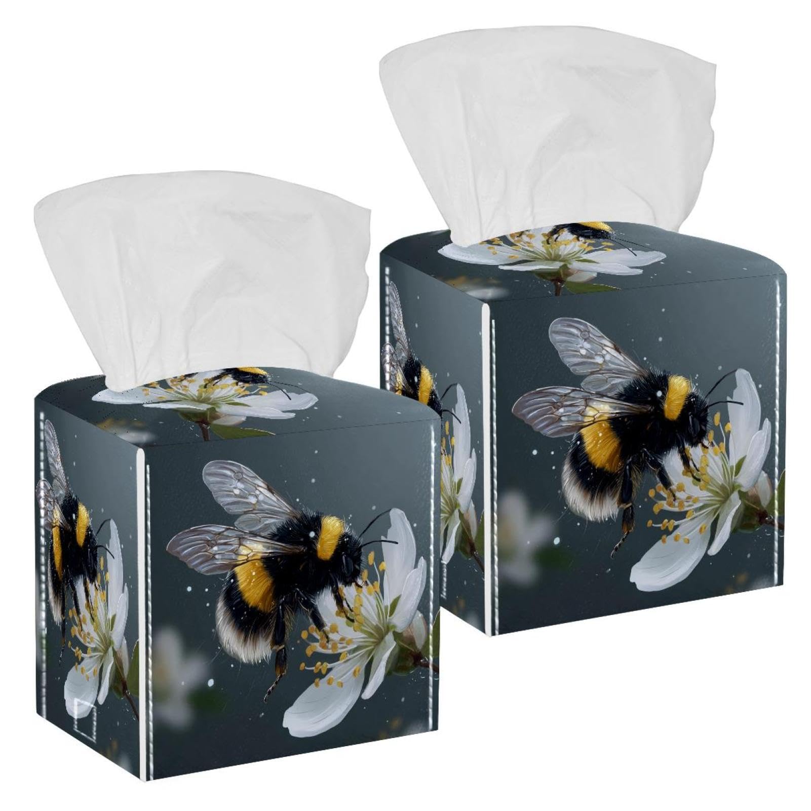 Bee Tissue Box Cover, 2 Pack PU Leather Square Facial Tissue Dispenser Box holder for Home Office Car