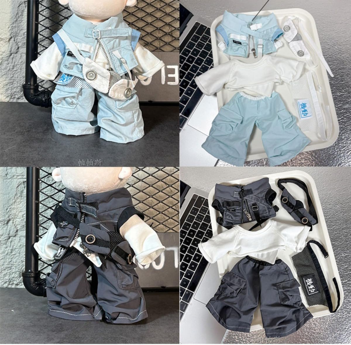 Plush Doll Clothes Set 5 Pieces, Vest Top Pants Accessories Outfit for 20cm 25cm Dolls (25cm,Light Blue)