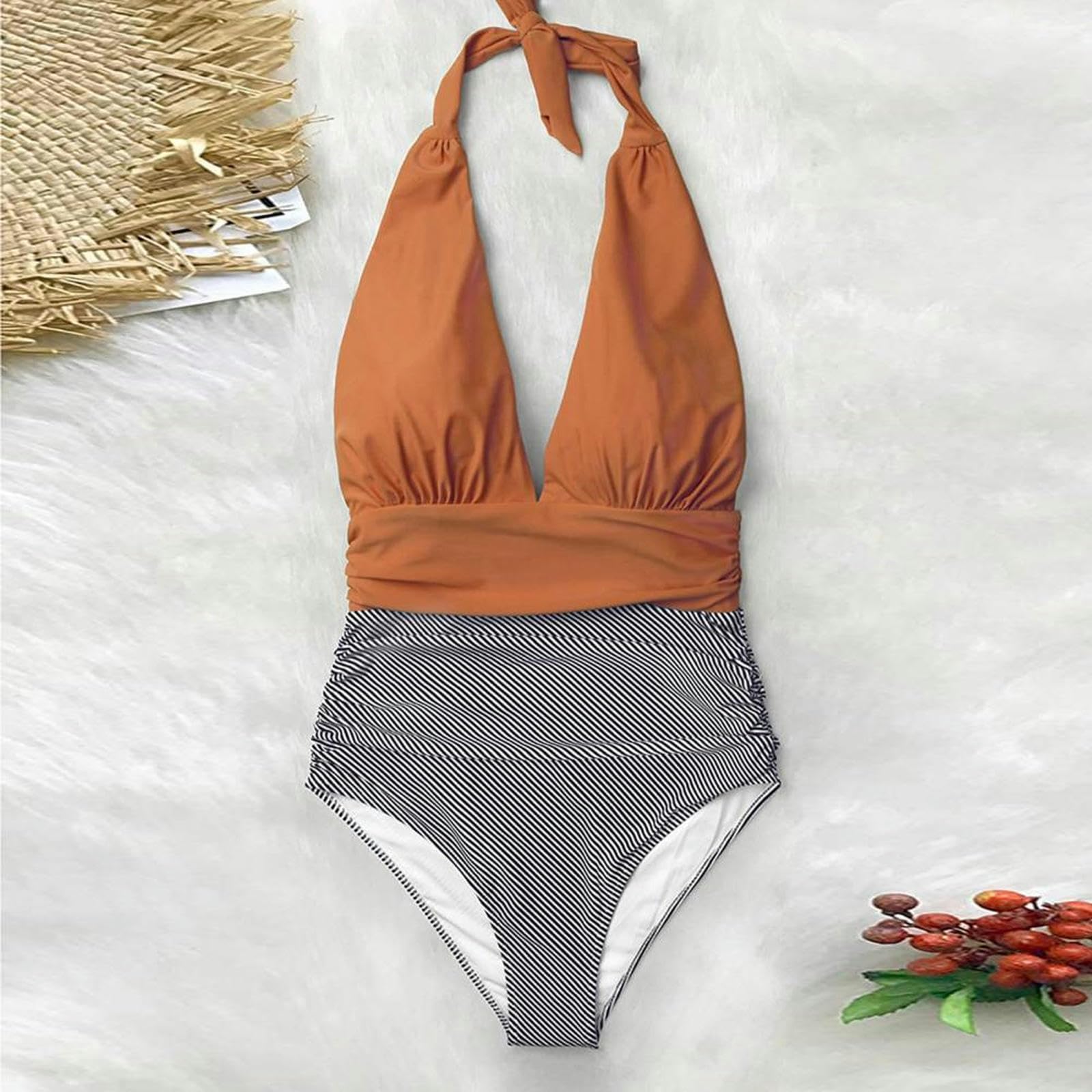 Damskie bikini damski jednoczęściowy strój kąpielowy wiązany na szyi marszczony kontrola brzucha kostiumy kąpielowe kostiumy kąpielowe-pomarańczowy-M