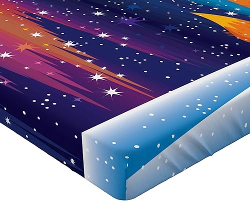 Miniatura 3 de Lunarable Aurora Borealis Fitted Sheet, Colorful Sky in The Arctic Region with Cartoon Fox on a Snow Hill, Bed Cover with All-Round Elastic Deep