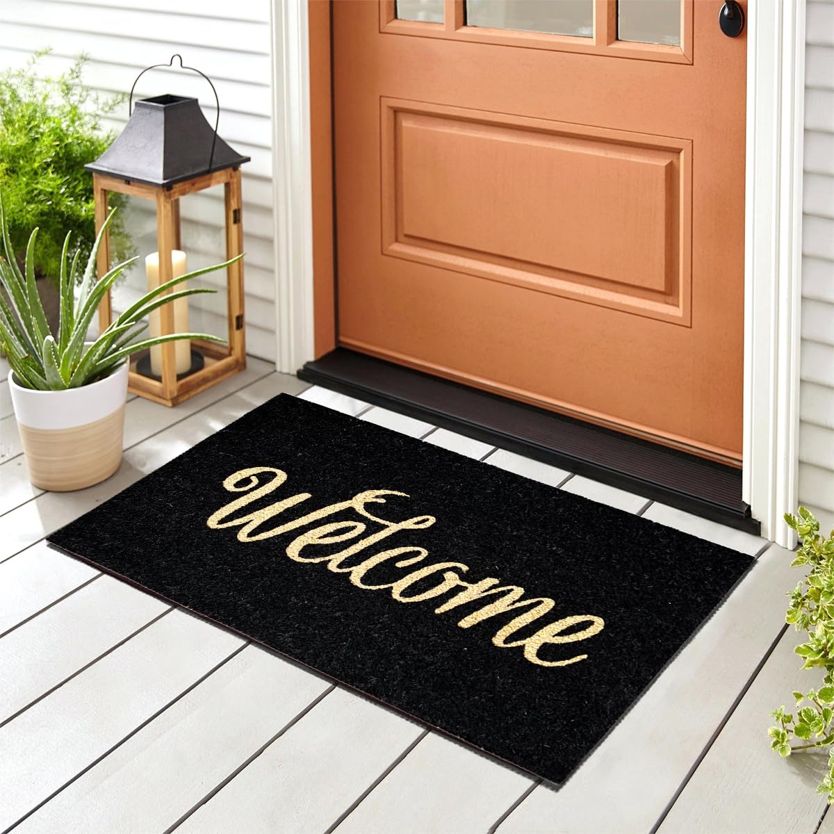 Banzaii Zerbino in Cocco da Esterno o Interno con Retro Antiscivolo e Brillantini Glitter Applicati 40x70 cm - Welcome Nero