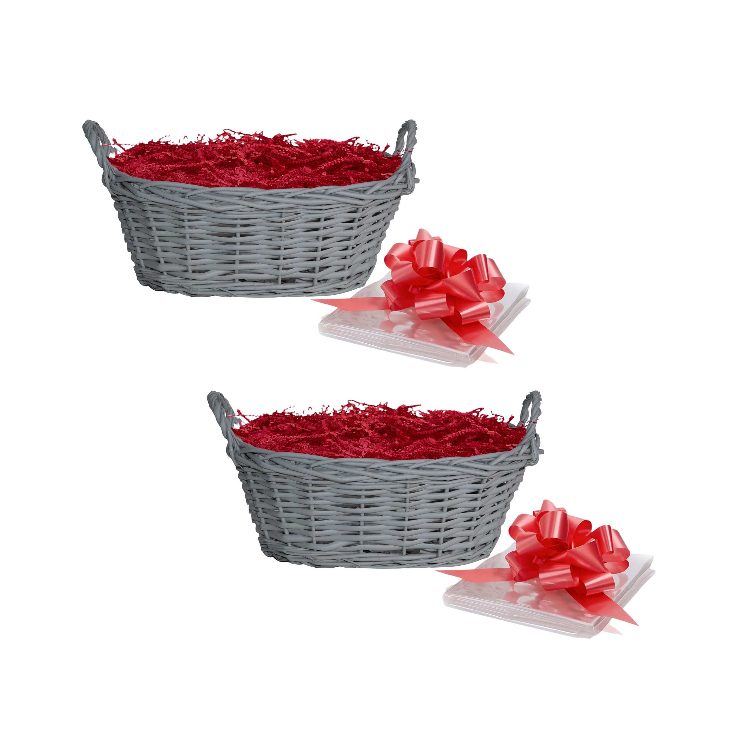Wickerfield Grey Baskets, Red Fillings Set Of 2 Handwoven Wicker Gift Baskets Diy Empty Hamper Kit For Christmas, Christening, Wedding, Birthday Gift (Grey Baskets, Red Fillings)