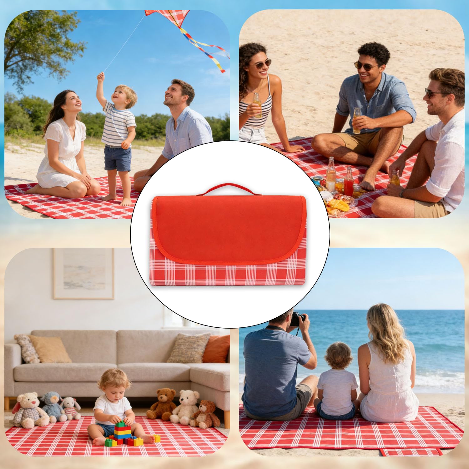 Koc piknikowy 200 x 200, koc plażowy XXL, z uchwytem do noszenia, wodoszczelny, bez piasku, z izolowaną tylną stroną, łatwy do złożenia i nadaje się do prania, idealny dla 4-6 osób, na