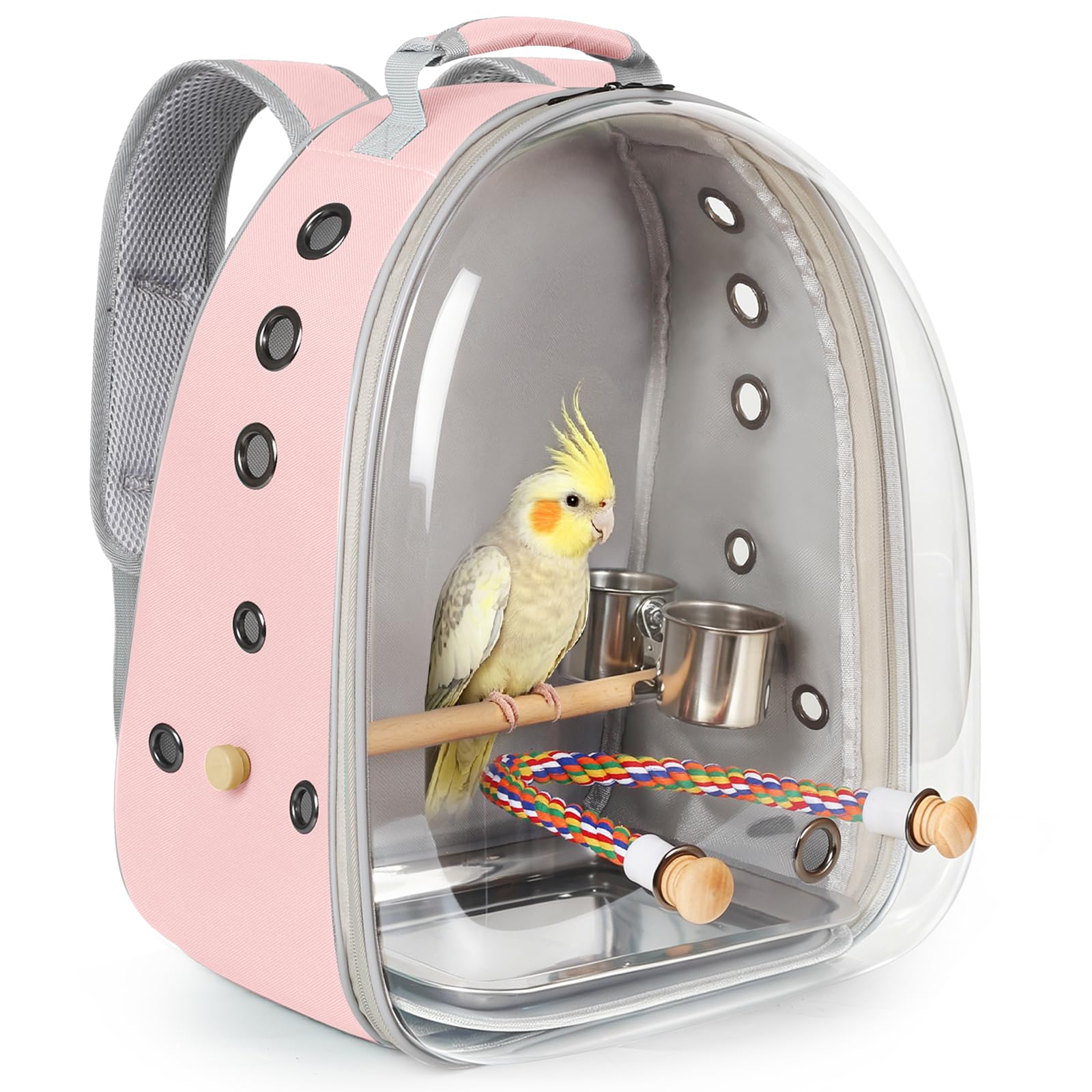 Bird Travel Backpack Carrier, Clear Bubble Window Transport Backpack for Birds, Space Capsule Astronaut Liked Vet Carry Book Bag for Parakeet Parrot (Pink, Multi Vents)