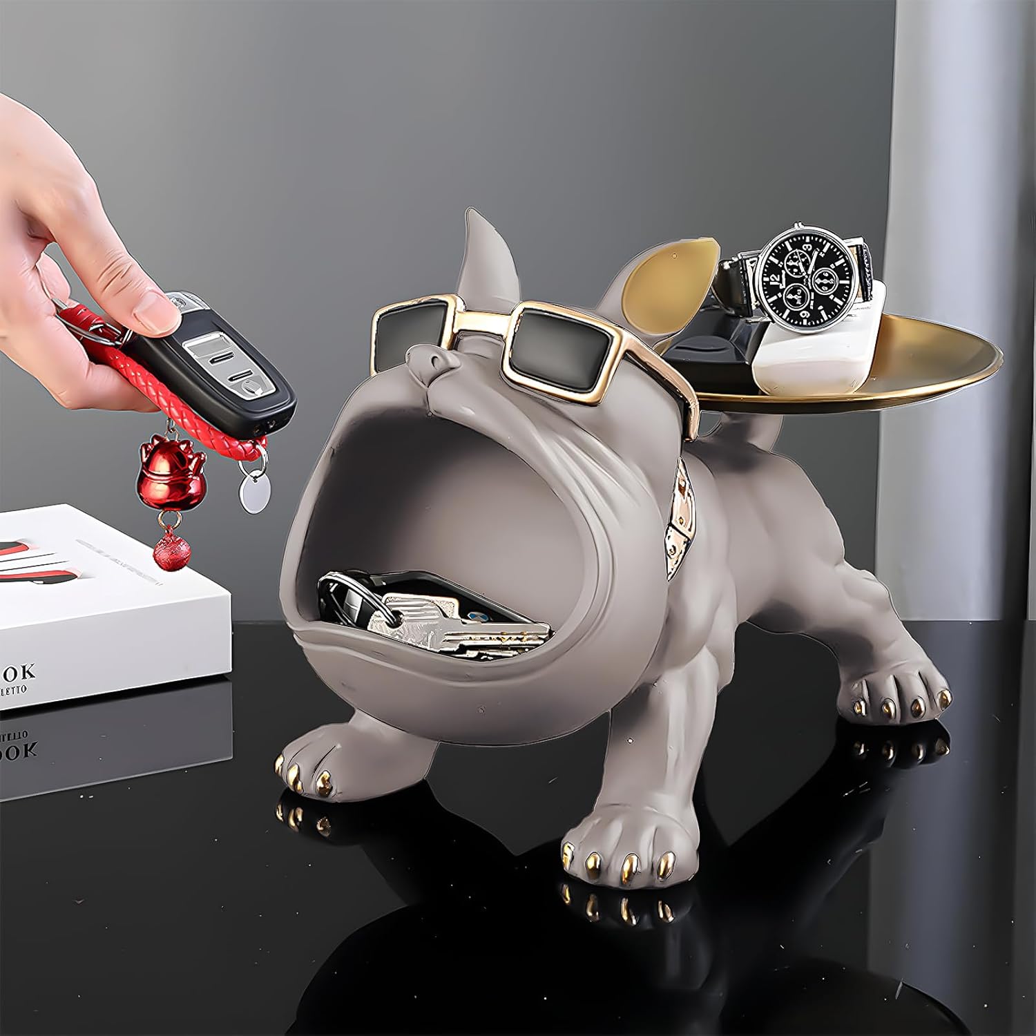 Huhote Resin French Bulldog Tray Statue, Bulldog Candy Dish Key Holder Bowl, French Bulldog Accessories, Statues for Office Desk Home Decor Figurines Entryway Table Decor (Purple Grey)