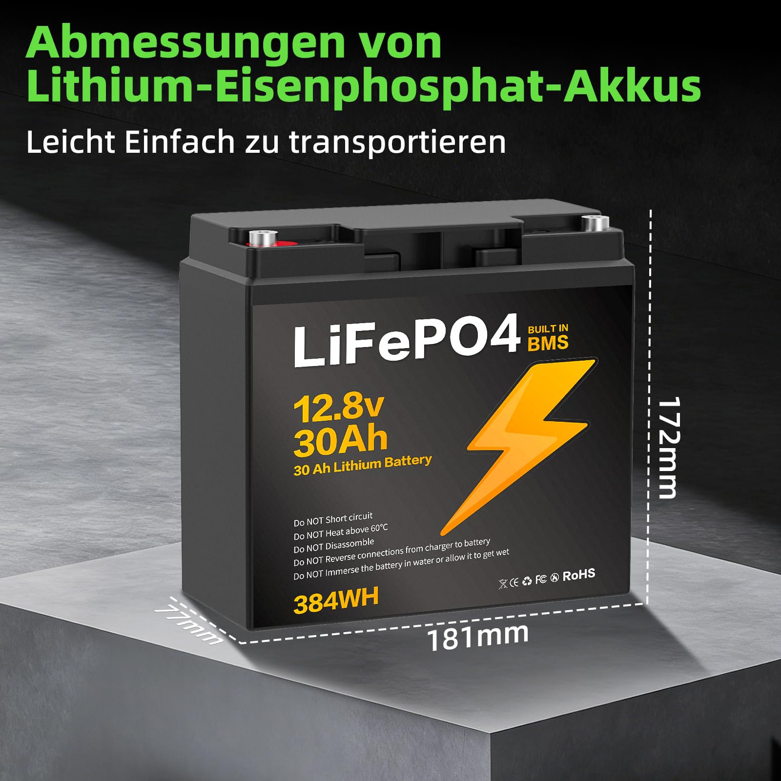 12.8V 30Ah LiFePO4 Batterie, für Wohnmobil, Wohnwagen, Boot