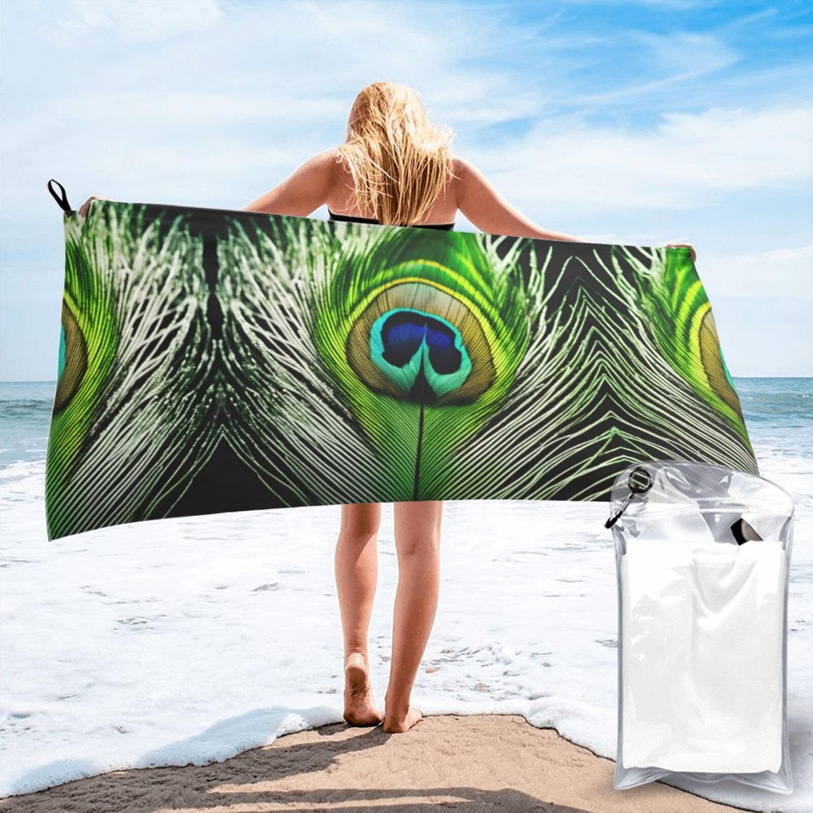 DIEzig Green Peacock Feather Print Beach Towel Fast Dry Thin For Holiday Vacation Cruise Gym Swimmers