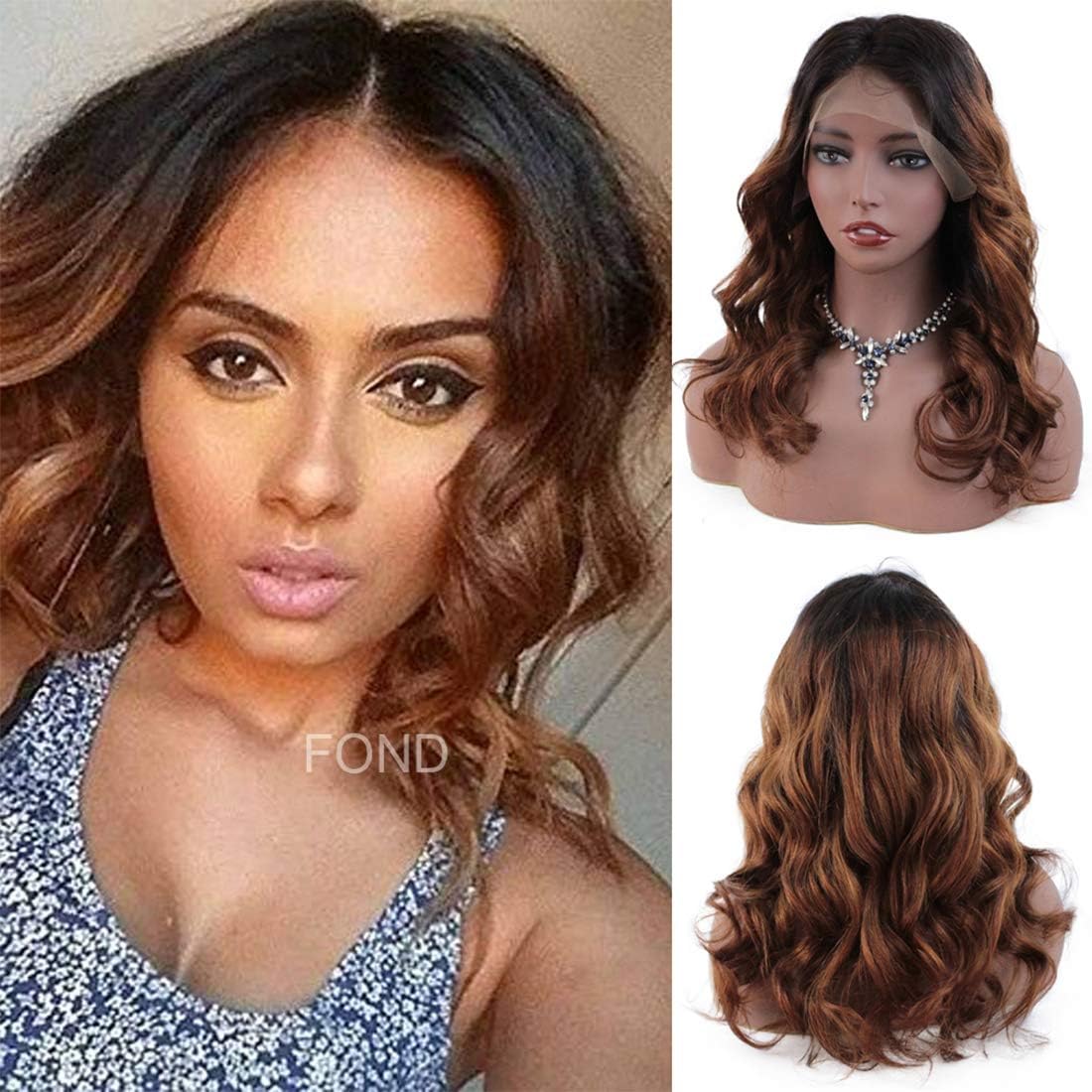 FOND Body Wave Ombre Human Hair Wig for Women 100% Brazilian Virgin Human Hair Lace Front Wig with Baby Hair Pre Plucked Natural Hairline Wig(16inch, T1b/30)