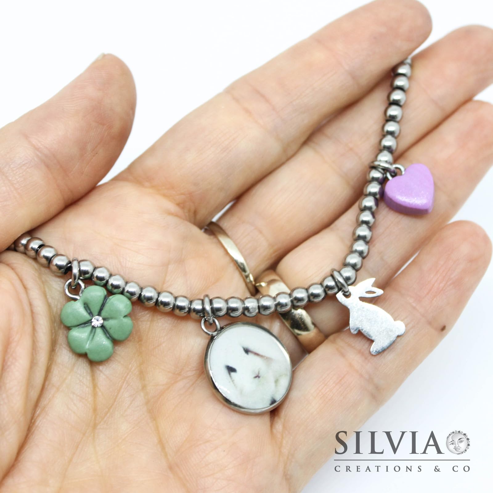 Generico Bracciale palline acciaio personalizzato con fotografia cane o gatto o coniglio
