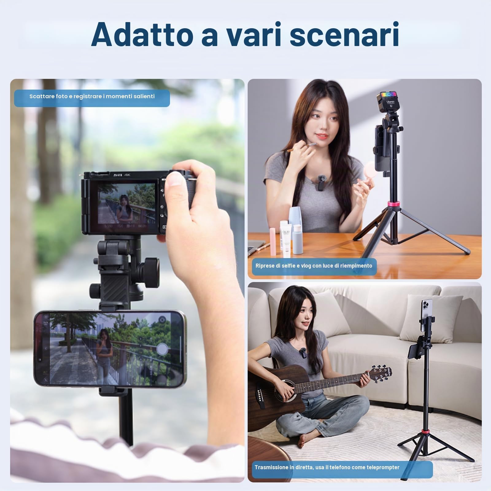 ULANZI MT-78 Treppiede Estensibile 1.8m per telefono e Fotocamera con Bastone per Selfie, con Clip per Telefono, Testa a Sfera a 360° con Slitta a Freddo per iPhone Sony Canon, leggero per i viaggi