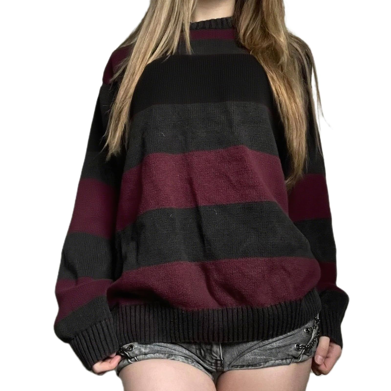 Grunge Stripe Sweater for Women Y2K Oversized Knit Pullover Color Block Harajuku Sweater Gothic Emo Jumper Top
