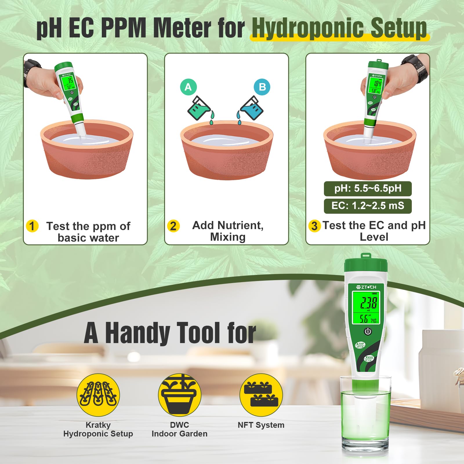 pH-EC-Messgeräte für hydroponische, pH-EC PPM-Messgeräte mit gleichzeitiger Anzeige für Reservoir-Nährlösung, pH-TDS-Messgeräte für Wasserhydroponie-DWC-Systeme, Messleitfähigkeit für Aquaponik