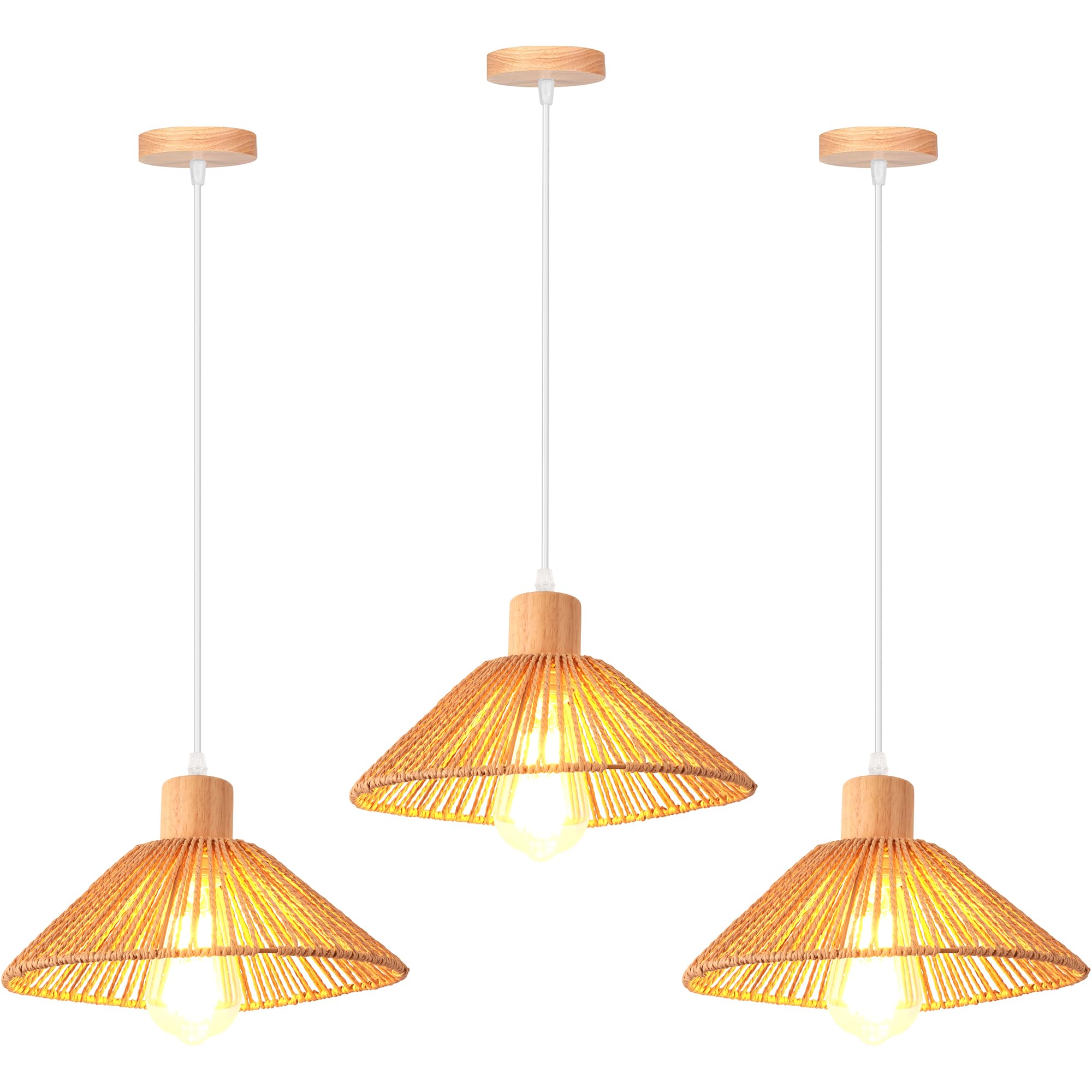 iDEGU Lot de 3 Suspensions Luminaires en Rotin et Bois Vintage Plafonnier Abat-jour Tissage Rétro Lustre Style Bohème E27 Lampe de Plafond pour Chambre Salon Cuisine Café Restaurant (26CM, Marron)