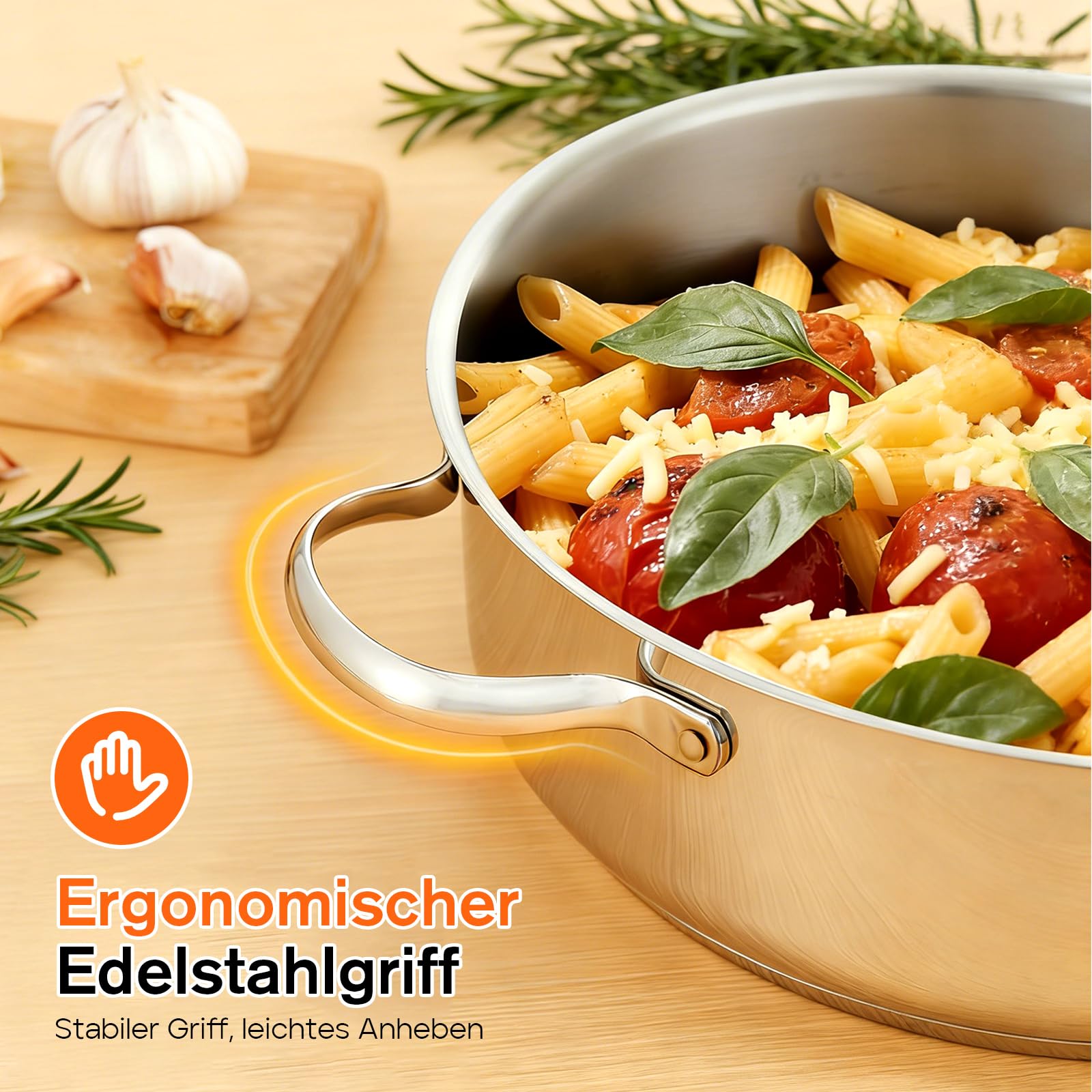Edelstahl Schmorpfanne,Hohe Edelstahl Servierpfanne unbeschichtet & ohne PTFE/PFOA,Pfanne für alle Herdarten, Servierpfanne geschmackserhaltend, Backofenfest(26CM)