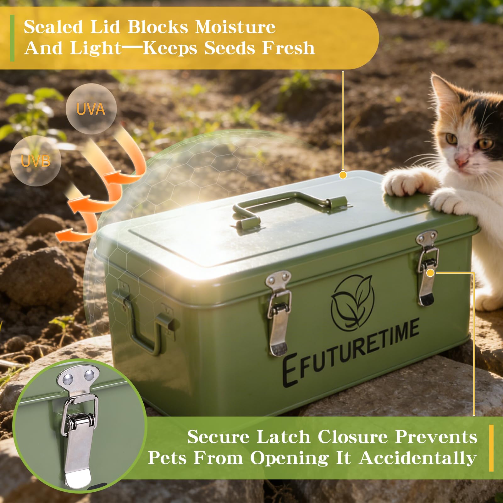 efuturetime Boîte à Graines Potager en métal 32,5×17×13cm, Boîte de Rangement à Graines avec Couvercle, 30 Étiquettes pour Plantes 30 Enveloppes de Graines, Idée Cadeau Jardinage, Vert