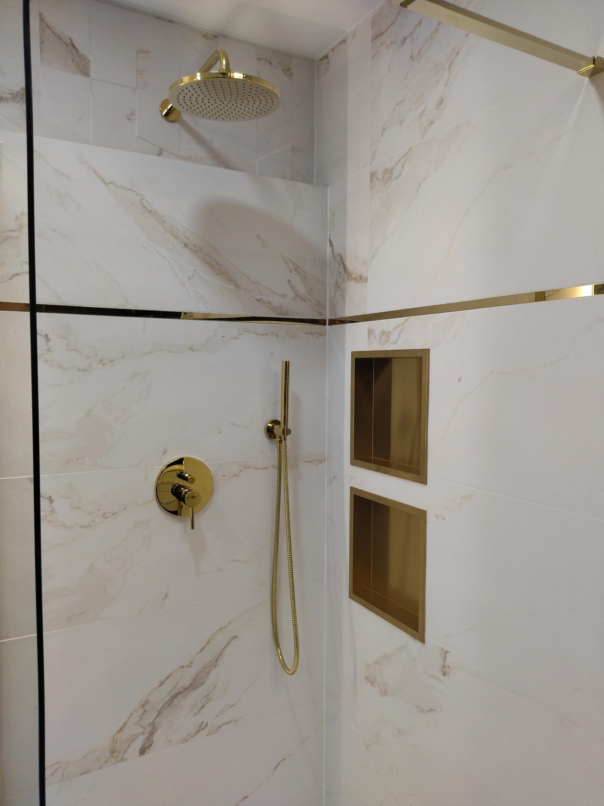 WALL-BOX ONE Nicho de Ducha de Pared de Acero Inoxidable Dorado, Impermeable, Instalación de Nicho Flexible 30x30x10cm, Nicho para Utensilios de Baño, Sin Azulejos,
