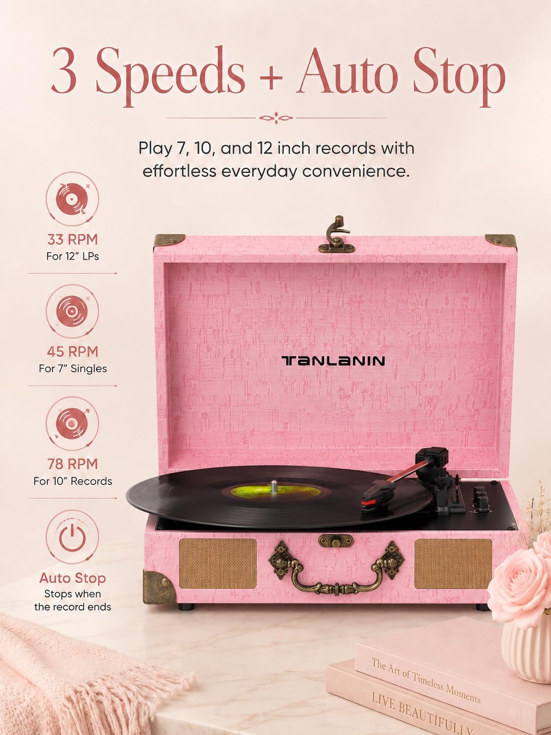 Vinyl Record Player with Bluetooth Output & Input, Treble & Bass Control, Vintage 3-Speed Portable Suitcase Turntable with Built-in Speakers, RCA Out, Headphone Jack, Pink