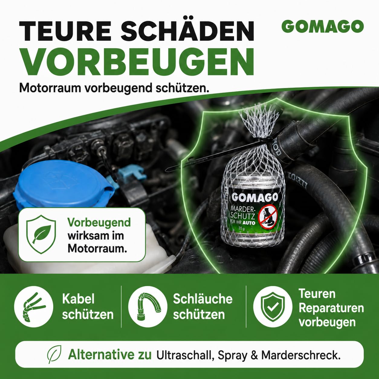 GOMAGO Marderschutz Auto Vorteils-/Doppelpack | Duftstoffbasierte Marderabwehr für den Motorraum | Starke Alternative zu Marderschreck, Marderspray & Ultraschall | ca. 6 Monate wirksam