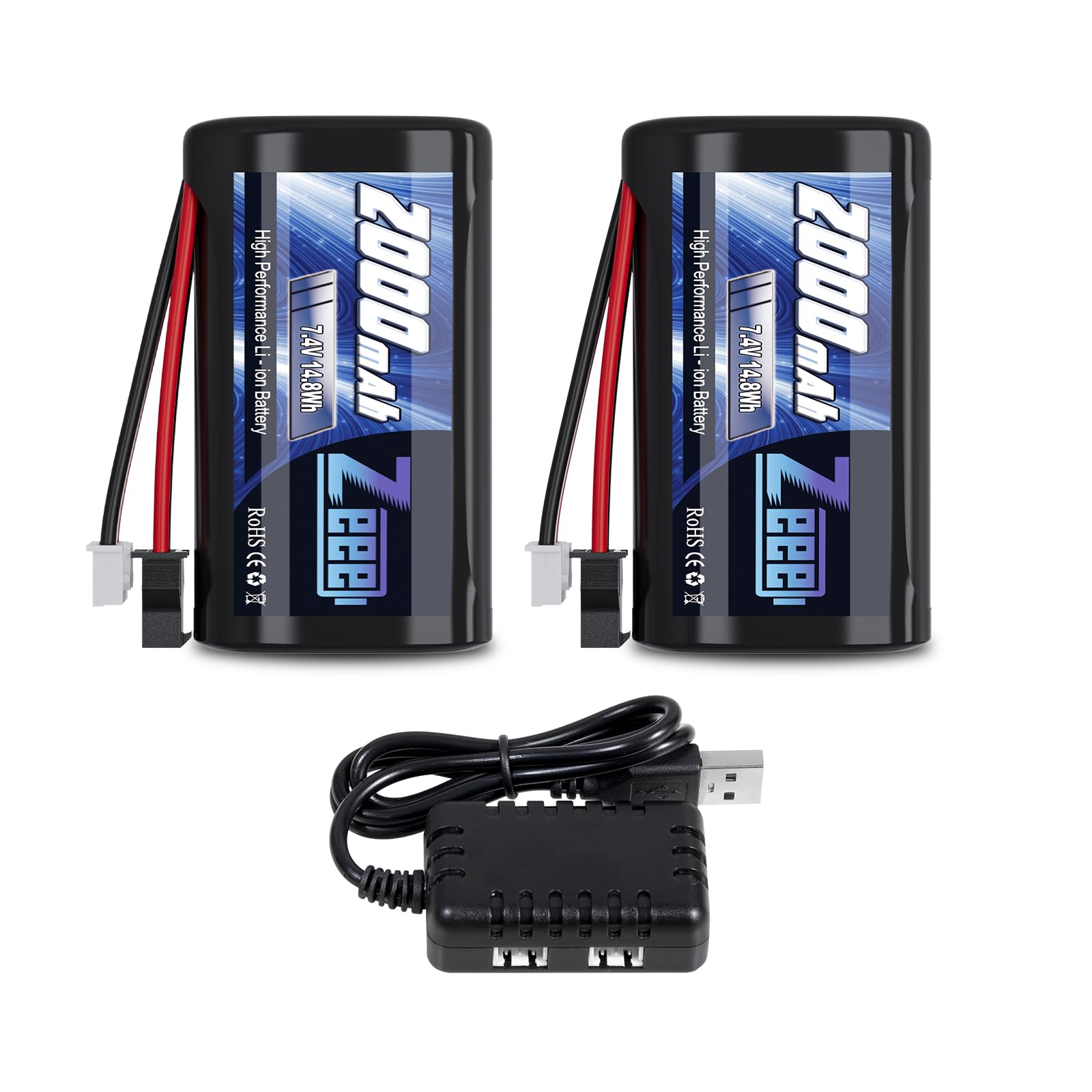 Zeee 2S Li-Ion Batteria 7.4V 2000mAh con Spina SM2P e Caricatore USB da 2 Pezzi Compatibile con RC Auto MN D90/91, MN 99/99s, H101 H103 H105 RC Boat RC Truck (2 pezzi)