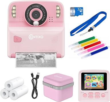 Contixo KC2 Kids Camera Instant Print- 2.4 Inch Screen Portable Selfie 1080P Digital Toy with 3 Rolls Print Paper, Childrens Photo Cameras for Toddler Girls and Boys-Pink