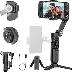 AOCHUAN Estabilizador gimbal de telefone de 3 eixos para iPhone 15/14/13 Pro Max Android com rastreamento facial, fios de 1/10.2 cm, luz de preenchimento integrada, gravação de vídeo gimbal portátil