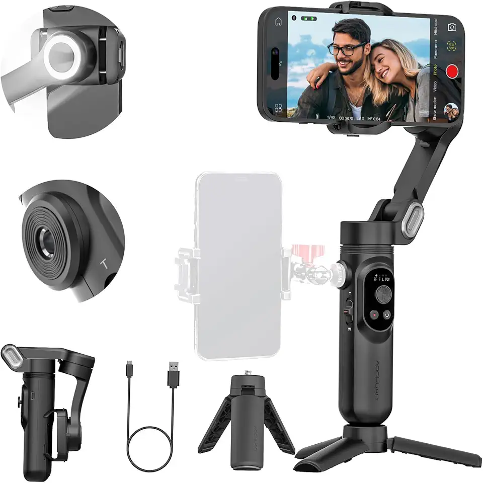 AOCHUAN Estabilizador gimbal de telefone de 3 eixos para iPhone 15/14/13 Pro Max Android com rastreamento facial, fios de 1/10.2 cm, luz de preenchimento integrada, gravação de vídeo gimbal portátil
