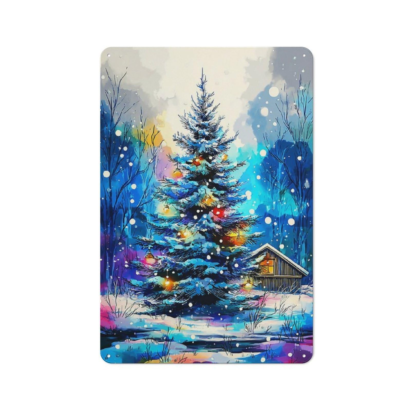 Junmoney Christmas Tree In Snowy Landscape -1 Metal Wall Plaque With Design 30X20cm, Classic Retro Room Decor For Kitchen, Hallway, Bar Or Small Cafe