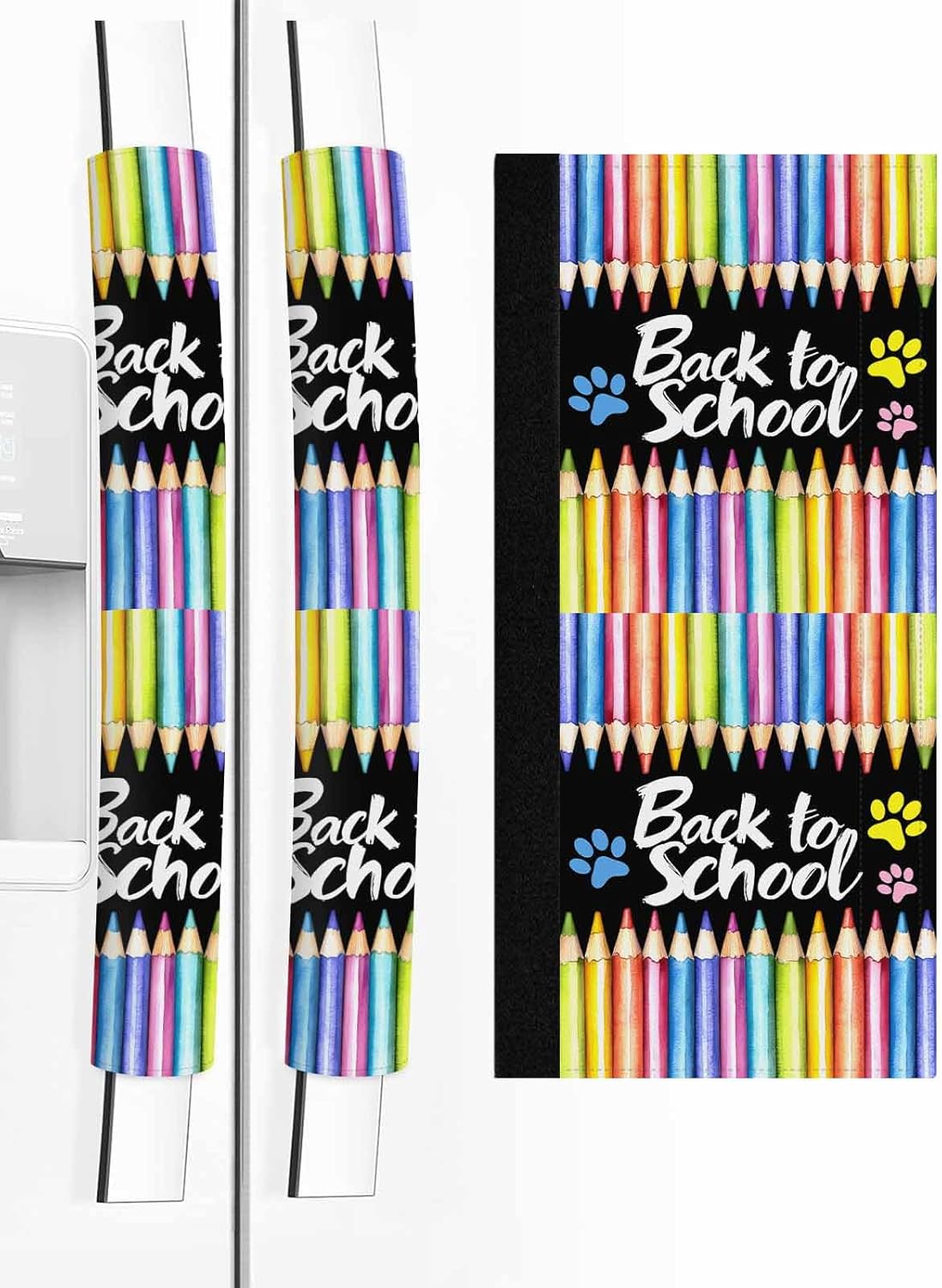 Colorful Pencils Refrigerator Door Handle Covers Set of 2, Dog Paws Back to School Black Kitchen Fridge Microwave Oven Dishwasher Stove Cabinet Handle Protectors, Washable Appliance Decor
