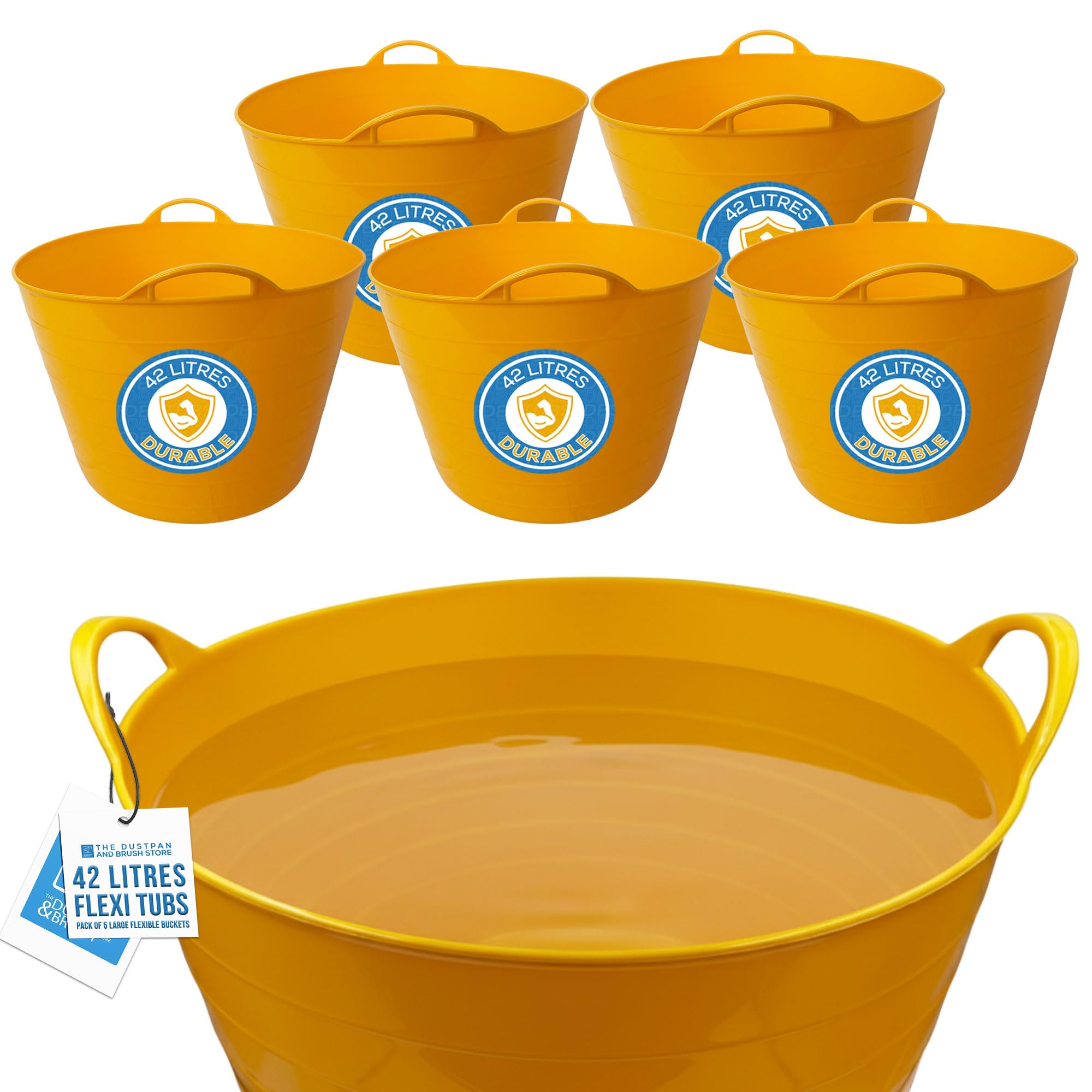 Tdbs The Dustpan And Brush Store Pack Of 5 42L Yellow Flexi Tub - Multi-Purpose Garden Tubs With Handles - Builders Buckets Heavy Duty - Ideal Plastic Bucket & Flexi Bucket - Durable Flexible Plastic Baskets (Pack Of 5)