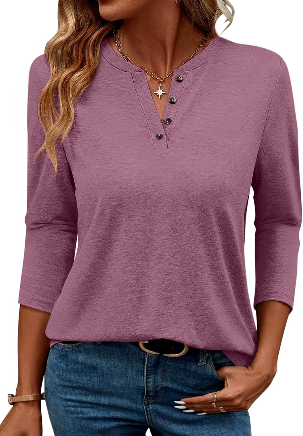 TICTICMIMI Women's V Neck 3/4 Sleeve Tops Casual Summer T Shirts Loose Fit Button Tunic Blouse