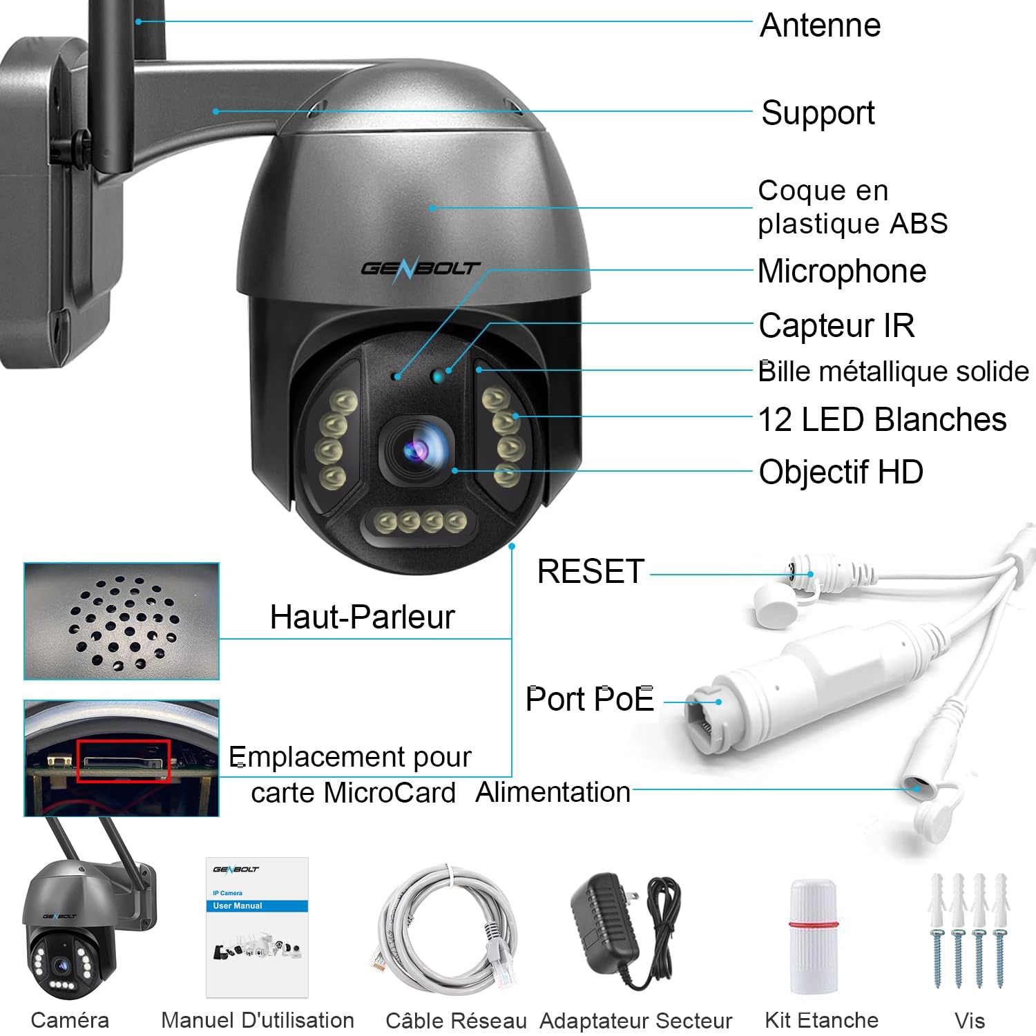 GENBOLT 4K PoE Caméra Surveillance WiFi Extérieure,8MP 2.4&5GHz PTZ Caméra