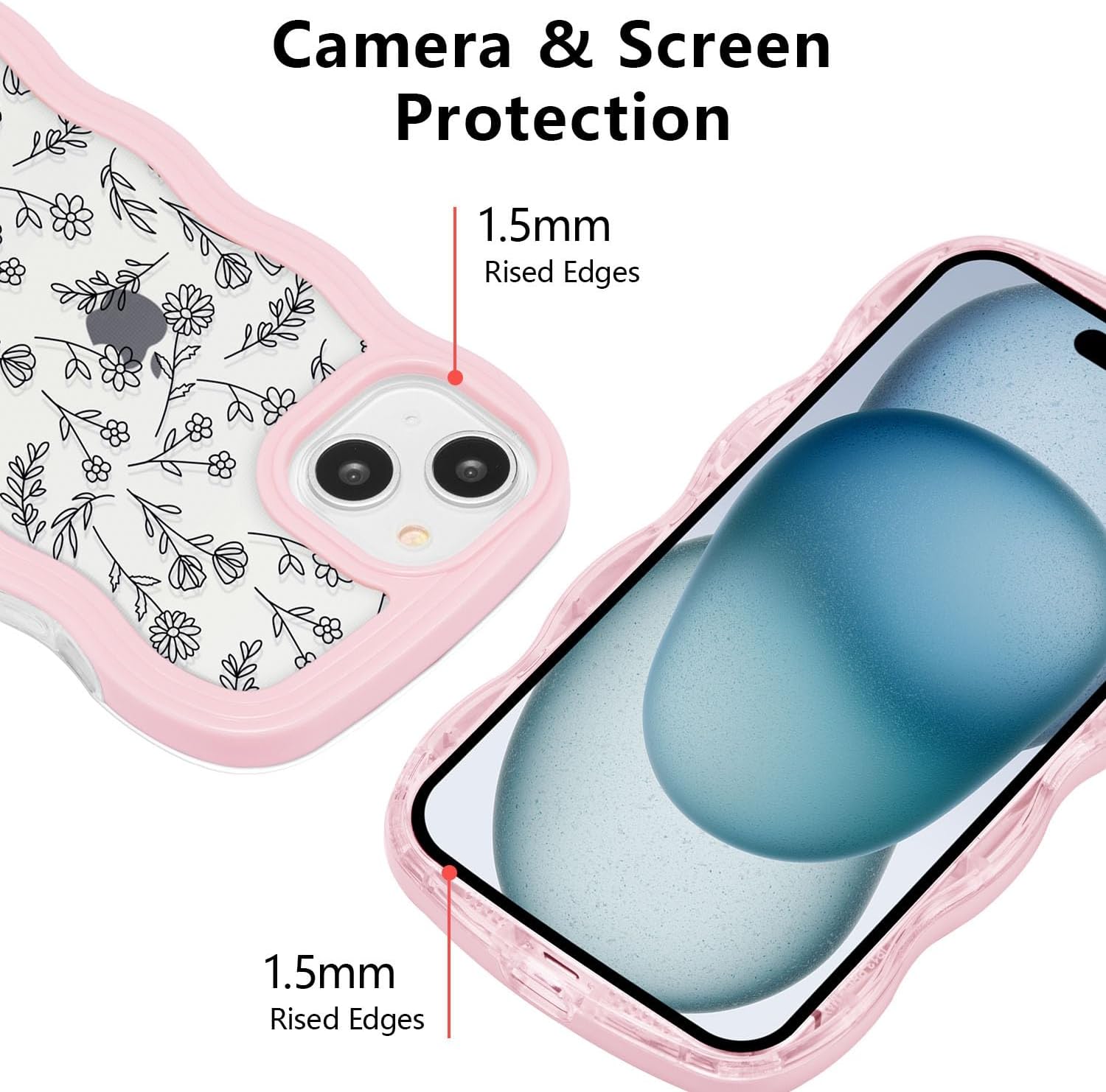 QLTYPRI Compatible with iPhone 15 Case, Cute Curly Wave Frame Clear Case for Girls Women, Flower Clear TPU Bumper Slim Soft Silicone Shockproof Protective Phone Cover for iPhone 15 - Black Floral/Pink