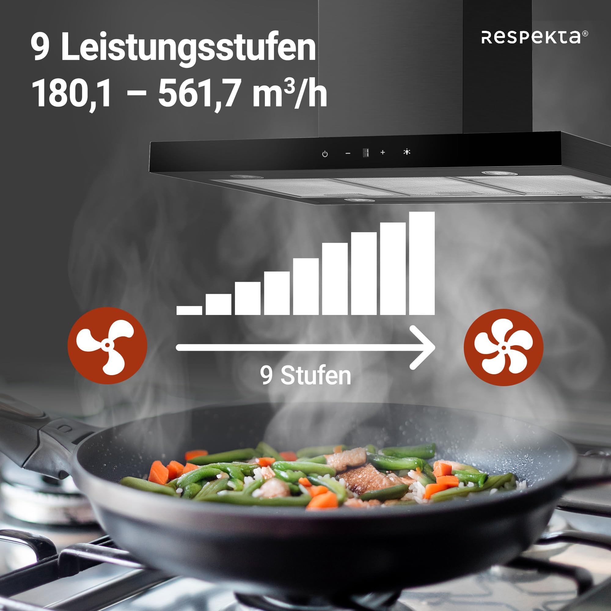 Respekta Cara Inselhaube 90 cm Schwarz-Matt Glasfront Touch Control 9 Leistungsstufen A+