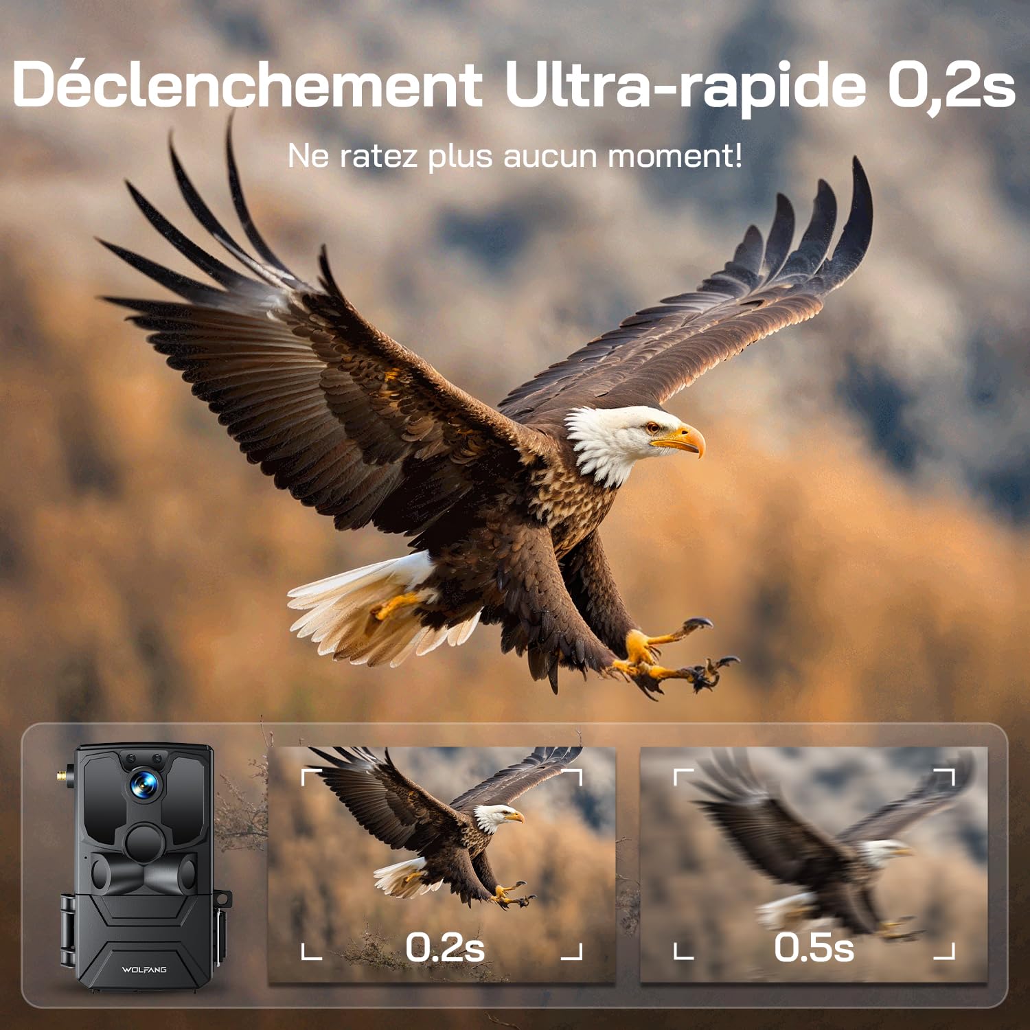 WOLFANG 4G Caméra de Chasse Solaire Extérieure avec Carte SIM, 2.5K Caméra Surveillance sur Batterie avec Détecter l'alarme, Vision Nocturne, IP66 Etanche, Audio Bidirectionnel, Noir