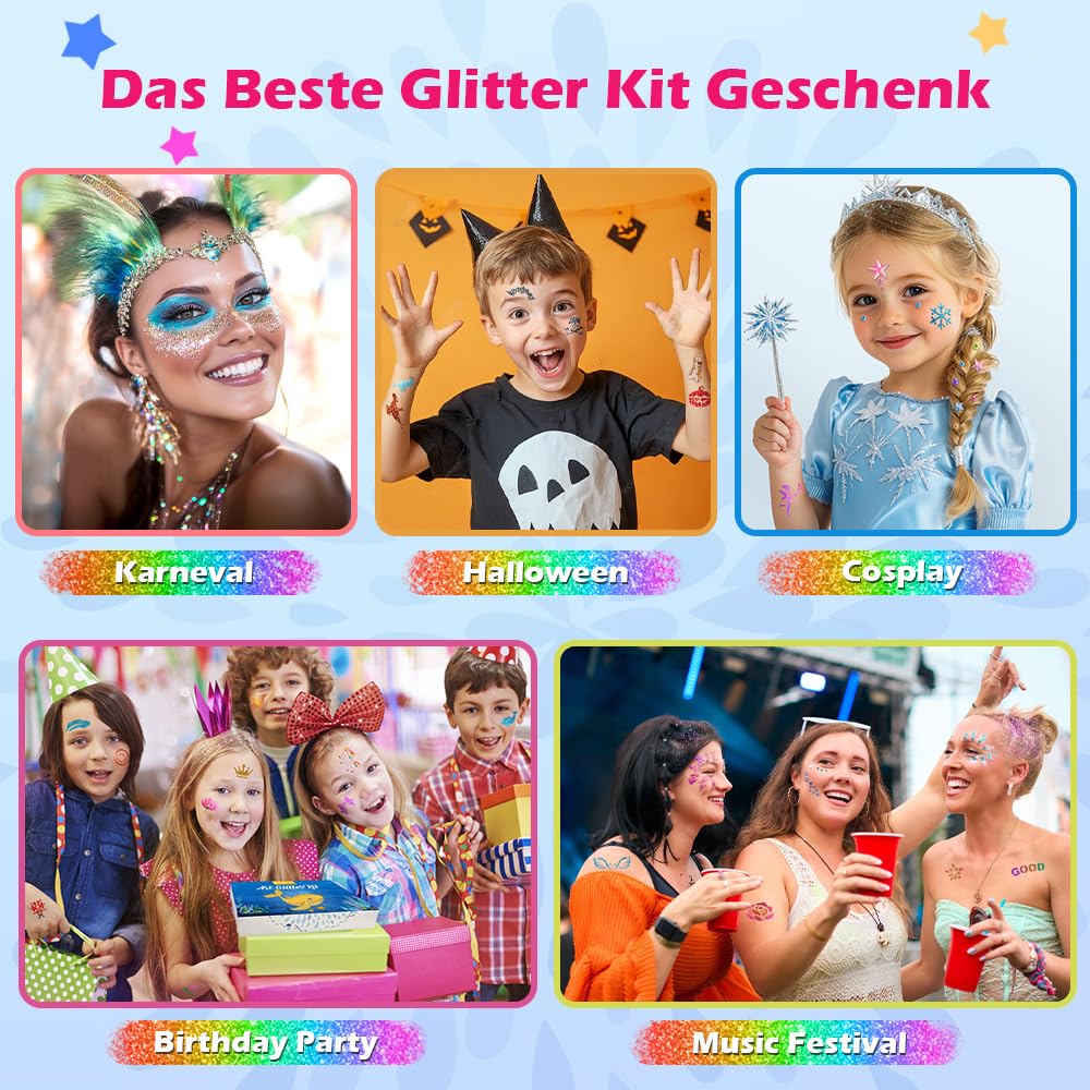Bledras Glitzer Tattoo Set Kinder, 42 Farben Temporary Glitter Tattoos, 210 Schablonen, 370 Strasssteine, 5 Pinsel, 3 Kleber, Glitter Make Up Kit for Birthday Party Ostergeschenk
