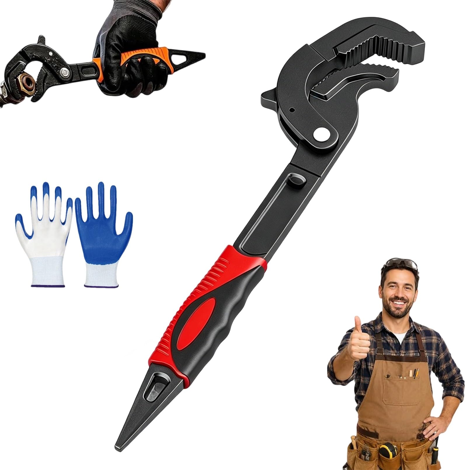 Llave Universal Que Ahorra Esfuerzo, Llave Multiusos Ajustable autoblocante, Llave para Tubos con Mango ergonómico Antideslizante, para fontanería y Uso en caravanas (Rojo, L)