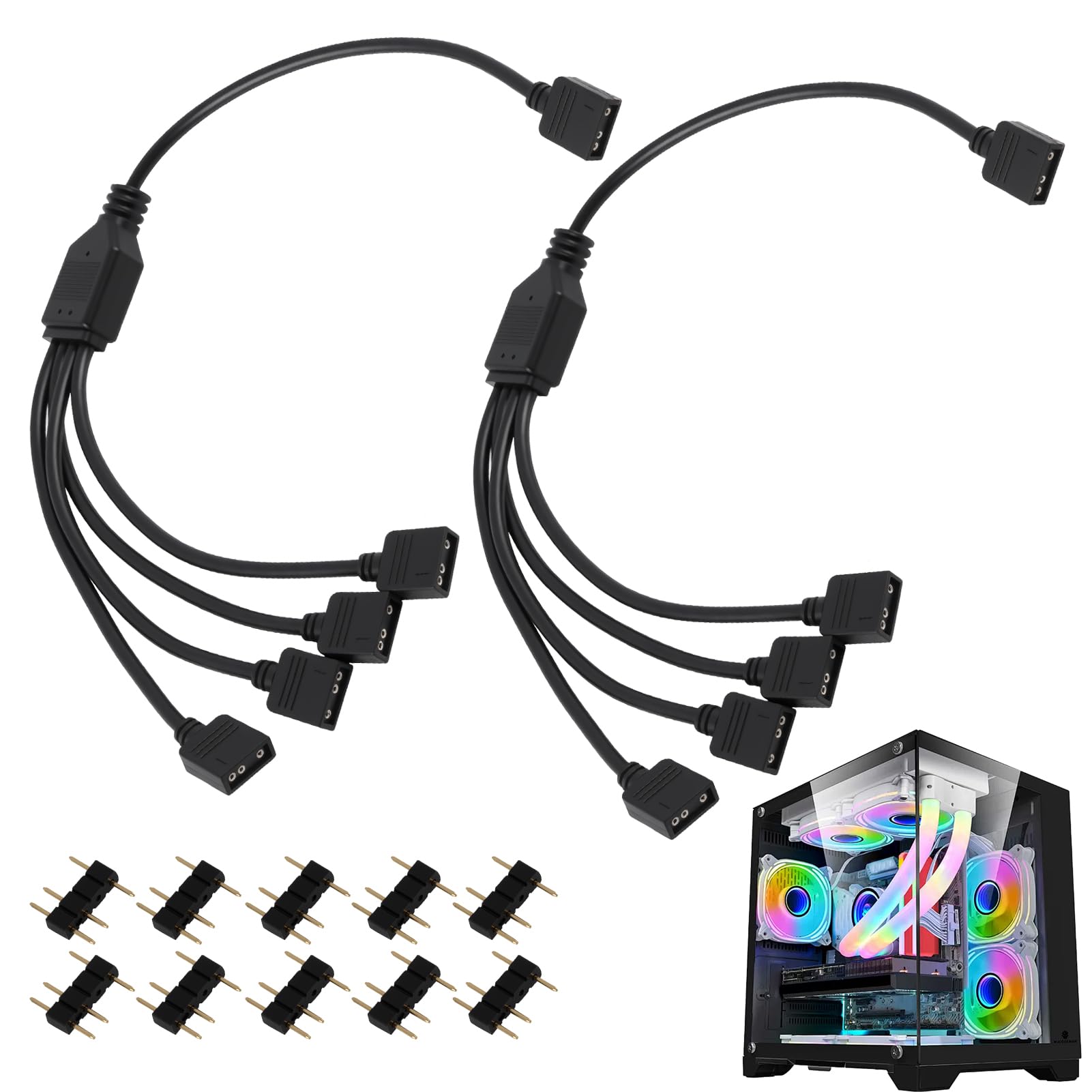 2 Pièces Câble Répartiteur ARGB 5V 3 Pin 1 vers 4, 30 cm Hub ARGB Adaptateur RGB, Connecteurs Mâles, Compatible Cartes Mères ASUS MSI Gigabyte, Extension pour Ventilateurs LED Adressables et Bandes