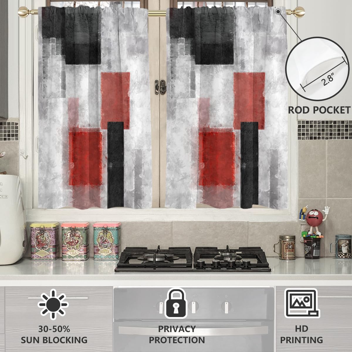 AAtter Red and Black Kitchen Curtains, Abstract, 27.5" W x 39" L, 2 Panels image 3