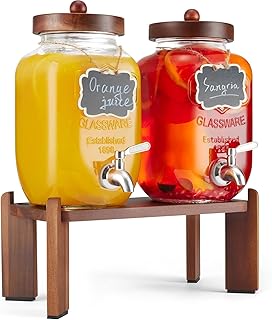 2PCS Glass Drink Dispenser with Wood Stand,1 Gallon Beverage Dispenser for Parties with 18/8 Stainless Steel Leakproof Spi...