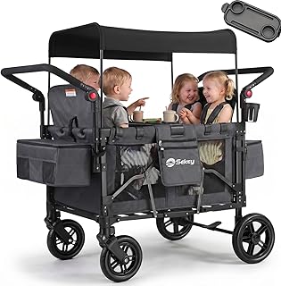Sekey Bollerwagen für 2-4 Kinder, Kinderwagen Faltbar mit Dach 4-Kinder, Duo Schiebegriff Handwagen mit 4 integrierten 5-Punkt-Gurtsystem, 4 Sitzer Zwillingskinderwagen SS7070, Schwarz