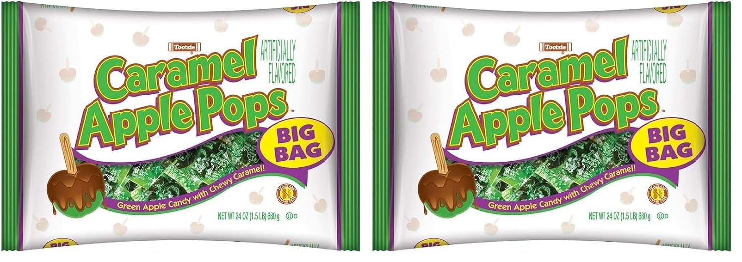 Tootsie Roll Caramel Apple Pops - Individually Wrapped Caramel Covered Green Apple Candy Lollipops - Bulk Peanut Free, Gluten Free Candy - 24 Ounce (Pack of 2)