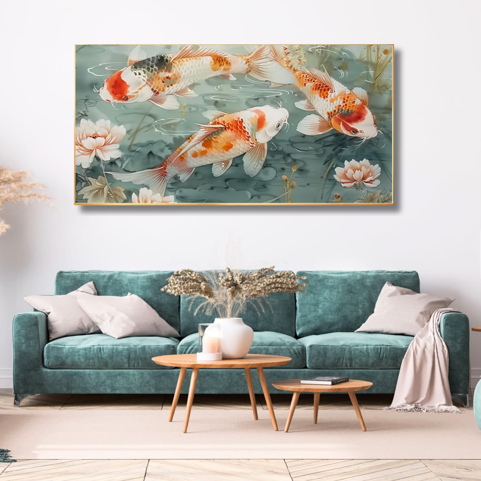 お*り様 「青と金の泳ぐ魚」 抽象画キャンバスアートフレーム無し